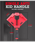 Premium Aluminum Single Handle Corner Clamp For Woodworking With Smooth Rotary Jaw And Dead Tight Grip For Easy Peasy Setup On Any Tight Fitting Cabinet Build, showing dimensions and adjustable angle.