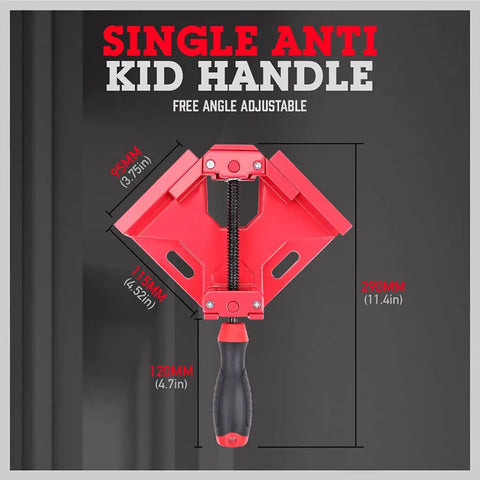 Premium Aluminum Single Handle Corner Clamp For Woodworking With Smooth Rotary Jaw And Dead Tight Grip For Easy Peasy Setup On Any Tight Fitting Cabinet Build, showing dimensions and adjustable angle.