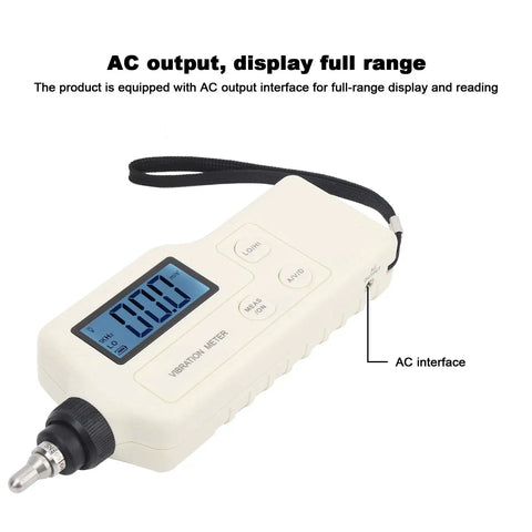 Pro Grade Handheld Digital Vibration Meter Tester Knocks Out Bearing Faults While Measuring Acceleration And Speed With Slick Probe For Heavy Duty Mechanical Diagnostics, showing AC output interface and digital display.