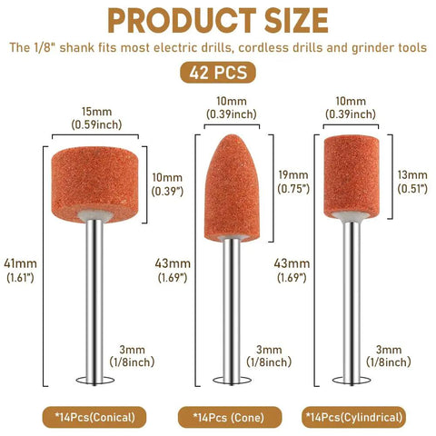 Diagram of 42 Piece Aluminum Oxide Sanding Bit Set With One Eighth Inch Shank showing sizes for rotary tools