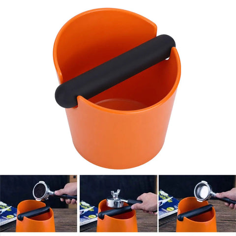 Orange ABS Coffee Knock Box 2.5L Open Top with Non Slip Base on table, barista using espresso gear
