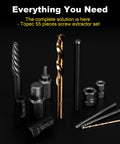 Heavy Duty 55 Piece Screw And Bolt Extractor Set With Multi Spline Bits And Drill Bits For Removing Damaged Frozen Rusted Rounded Off Bolts And Screws Industrial Grade CR MO Steel For Home And Shop displayed on black background.