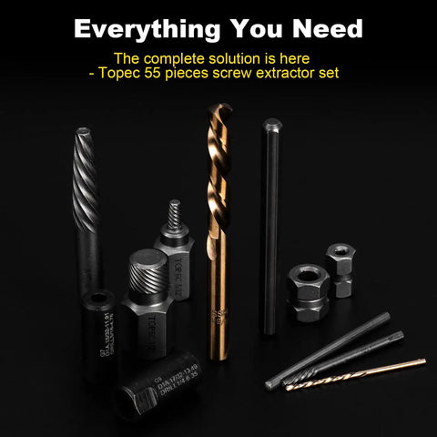 Heavy Duty 55 Piece Screw And Bolt Extractor Set With Multi Spline Bits And Drill Bits For Removing Damaged Frozen Rusted Rounded Off Bolts And Screws Industrial Grade CR MO Steel For Home And Shop displayed on black background.