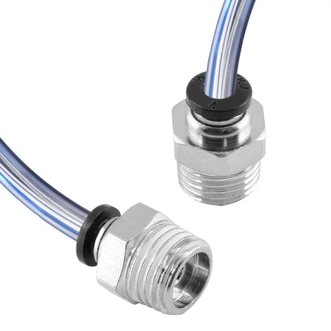Two 10 Pack Push To Connect Pneumatic Fittings 8mm Tube OD To One Quarter Inch NPT Male Straight Quick Connect For Air Hose shown.