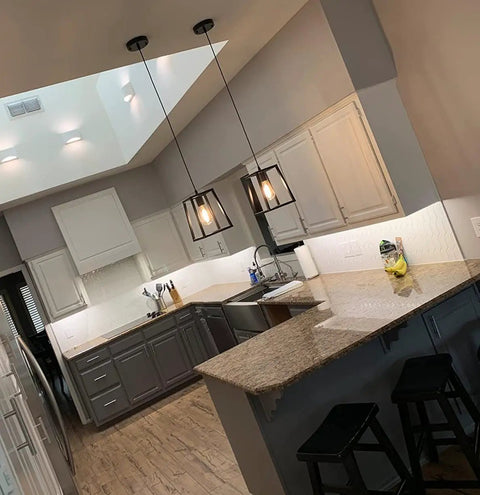 Black Modern Industrial Farmhouse 3-Light Ceiling Chandelier for Kitchen Dining Living Room Bar and Foyer, hanging over kitchen counter