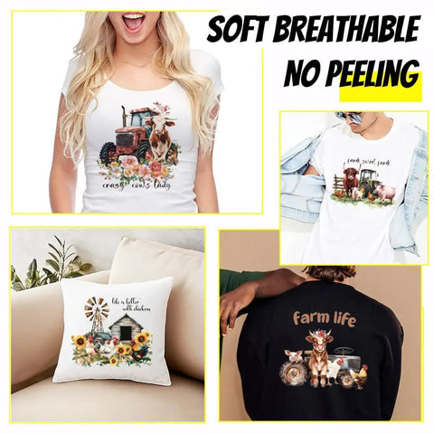 Farm Animal Iron On Transfers Set For T Shirts And Hoodies Cows Pigs Chickens With Barnyard Motifs Like Tractor And Windmill
