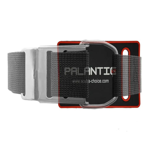 Scuba Tech Diving Non Scratch Protection Pad for Tank Belt on 2 inch belt, showing stainless steel scratch prevention, underwater gear