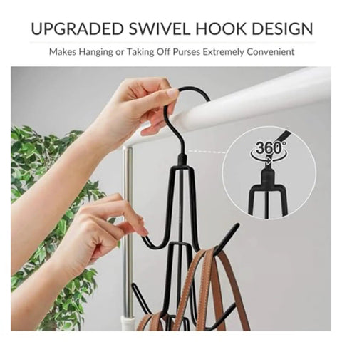 Hand holding upgraded swivel hook design for 2 Pack Closet Purse Hangers with rotating functions, black metal