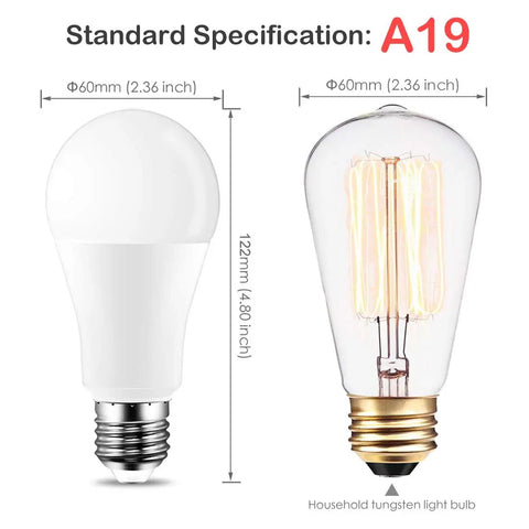 LED Color Changing Light Bulbs Pack of 4, 85W Equivalent, 1200 Lumens, RGB with size comparison to A19 tungsten bulb