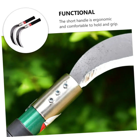 Close-up of two piece ergonomic manganese steel garden tools set for weeding, featuring pro-grade easy grip handle and scythe knife