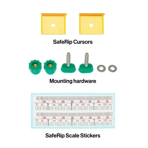 GRR Ripper Safe Rip Upgrade Kit For Table Saw Safety includes SafeRip Cursors, mounting hardware, and scale stickers.