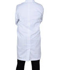 Back view of White Lab Coat Large Size Polycotton Drill Long Sleeves Concealed Front Press Stud Closures Back Vent Three Big Pockets