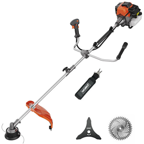Beast 52cc Gas Weed Eater 3 In 1 Trimmer Edger Brush Cutter With 18 Inch Cutting Path and blades on white background