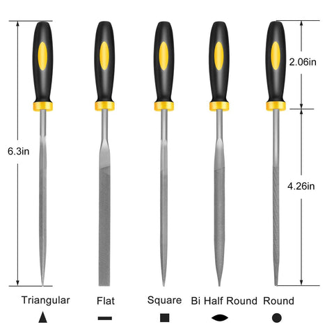 Mini Metal Needle File Set 5pc Dope Pro Grade Hand Files with Hardened Alloy Steel and ergonomic handles, 6.3in length.