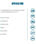 Front view: application chart for Runleader digital engine temp gauge showing lawn mower, generator, motorcycle, boat, chainsaw, ATV.