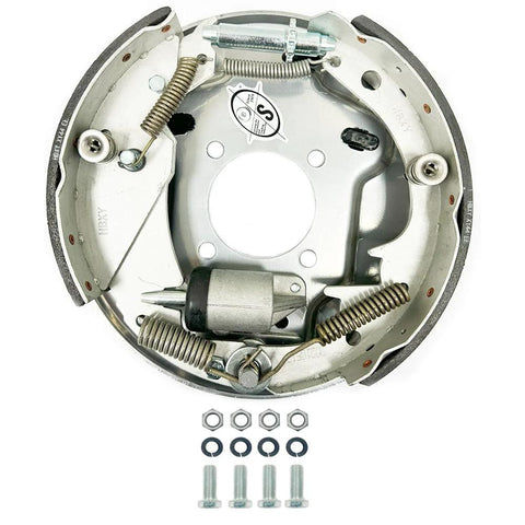 Front view of Southwest Wheel 10in hydraulic free-backing trailer brake kit with hardware, silver metal