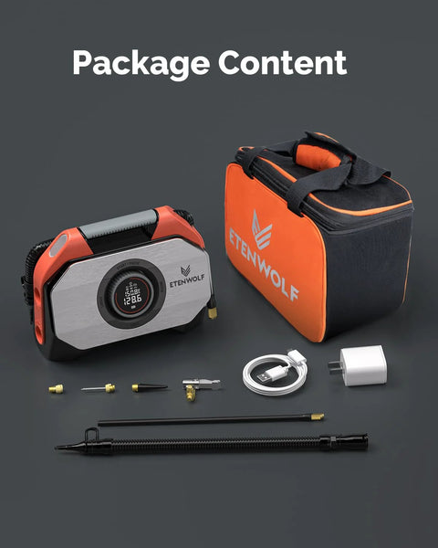 ETENWOLF VORTEX S6 cordless tire inflator kit with orange carry bag and assorted nozzles.