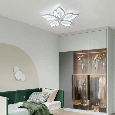 Dope Modern Leaf Ceiling Light 60W Dimmable LED With Remote Control 23.6 Inch Acrylic Flush Mount in a stylish bedroom setting