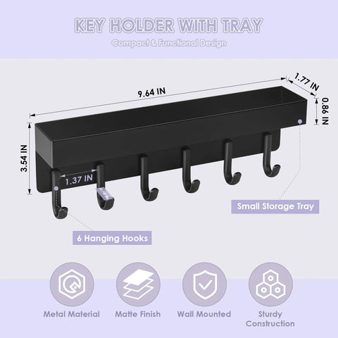 Compact Wall Mount Key Holder With Tray And Six Hooks Black Finish Easy Two Mount Options With Adhesive Tape Or Screws Durable Key Organizer For Entryway Or Kitchen That Keeps Keys And Small Accessories In Check And Ready To Grab showing dimensions