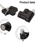 Electric Bike Battery Lock And Key Kit for one to two battery cases, black lock with a key inserted, detailed view.