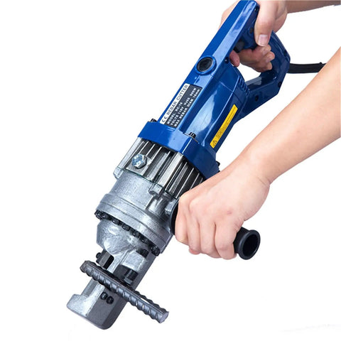 AOXHUGB Handheld Hydraulic Rebar Bender And Cutter Electric Shearing Machine held in hand with rebar cutter visible, ideal for construction use.