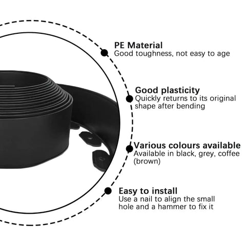 No Dig Landscape Edging Kit 33FT Long 4IN Tall Black HDPE shown curled with installation features highlighted