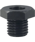 Wood lathe chuck adapter, front view, black hex-headed metal with external threads