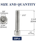 10 Piece Set 1/2-13 X 2 1/2 Inch Socket Head Cap Screws Built Tough 304 Stainless Steel with hex drive and dimension details.