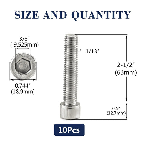 10 Piece Set 1/2-13 X 2 1/2 Inch Socket Head Cap Screws Built Tough 304 Stainless Steel with hex drive and dimension details.