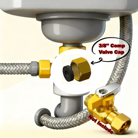 10 Pack Must Have Brass 3/8 Inch Compression Cap Fittings For Sink Shutoff Angle Stop Valves With Sealing Rubber Gasket Washers, Plumbing Repair Kit For Toilets Faucets Dishwashers And Under Sink Lines. Brass 3/8 in compression cap on sink shutoff line
