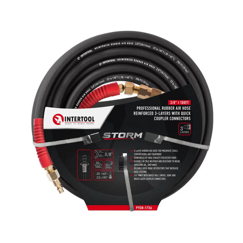 Ultra Durable 3/8-Inch By 100 Foot Rubber Air Hose with reinforced lining and quick coupler in packaging with brass fittings.