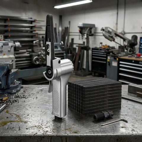 Top Shelf Pneumatic Air Belt Sander With A Ridiculously Fast 10 Mm Track And Hog Wild 16000 Rpm Motor on workshop table.