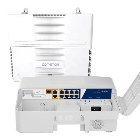 Rugged Outdoor 11 Port PoE Switch With 6 PoE Plus, 2 PoE++ Ports, 2 Gigabit Uplinks And 1 SFP, IP65 Weatherproof, open view