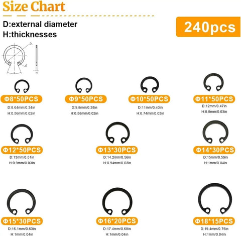 Size chart for Internal Circlip Snap Retaining Ring Set 8-24mm Carbon Steel Kit With 240 Pieces 8-18mm For Auto And Industrial Use DIY Ready