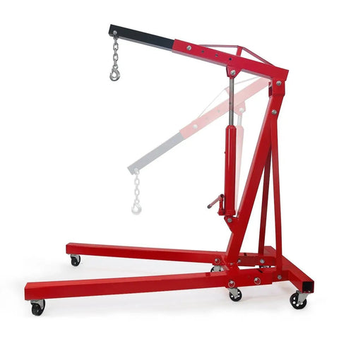 Savage Folding Hydraulic Engine Hoist Stand, 2 Ton Cherry Picker With 4000 Lbs Capacity on casters, showcasing height adjustment feature.
