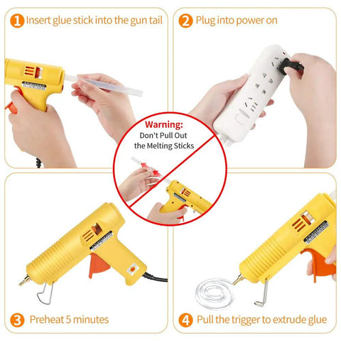 Steps to use Industrial 150 Watt Hot Melt Glue Gun With US Plug Adjustable Temperature showing components and setup process.