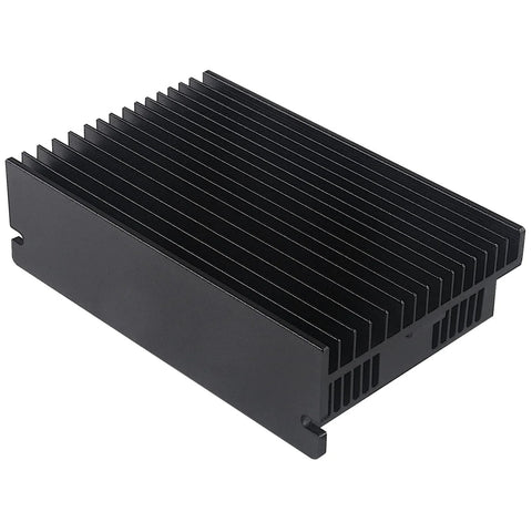 Aluminum heatsink, black anodized, parallel vertical fins, side view