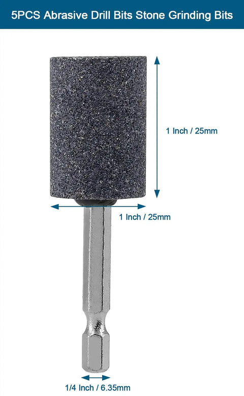 Five Piece Stone Grinding Bits Set For Detail Work With One Quarter Inch Hex Shank Aluminum Oxide 120 Grit Cylindrical Wheel Bits