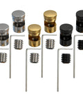 Universal Quick Open Thumb Studs For Folding Knives Kwik Compatible shown in black, gold, silver with hex wrenches.