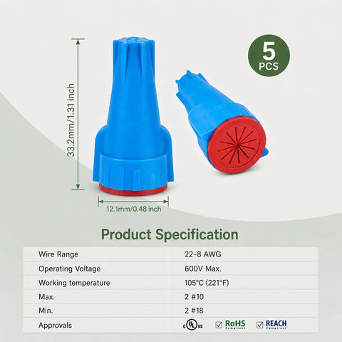 Hella Solid Waterproof Wire Connectors With Slick Silicone Sealant No Hassle Heavy Duty Low Voltage Connector Nuts For Landscape Lighting Irrigation Wiring 5 Pack 22 To 8 Awg With Marine Grade Protection, showing dimensions and specifications.