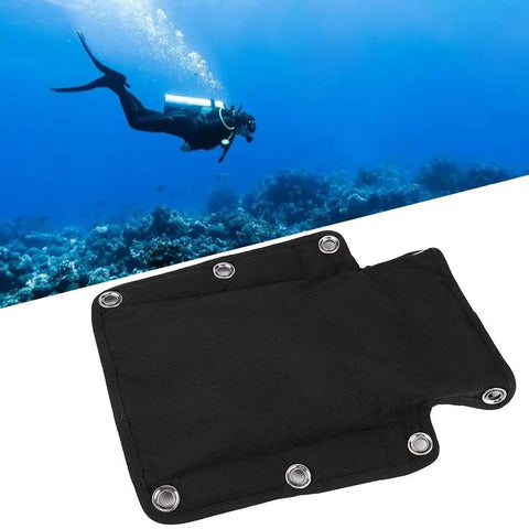 Scuba Backplate Pad Cushion for BCD Harness, black nylon gear with screws, shown near a diver in blue ocean, universal fit for diving.