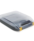 Ace Portable Battery Storage Box With Built In Tester And Wall Mount Bracket Features Tough Carry Handle Locks 110 Aa Aaa Plus Coin Cells For Zero Sweat Power Supply Organization, gray and translucent with yellow handle.