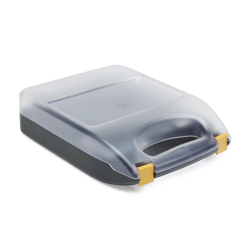 Ace Portable Battery Storage Box With Built In Tester And Wall Mount Bracket Features Tough Carry Handle Locks 110 Aa Aaa Plus Coin Cells For Zero Sweat Power Supply Organization, gray and translucent with yellow handle.