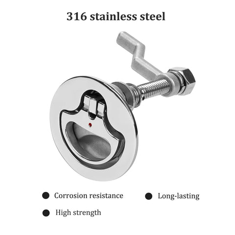 Heavy Duty 316 Stainless Boat Cam Latch With Flush Hatch Pull in polished finish with corrosion resistance text