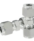 Two stainless steel 1/4 in compression fittings, side view, with double ferrules for 5/16 in tube OD, straight adapters.