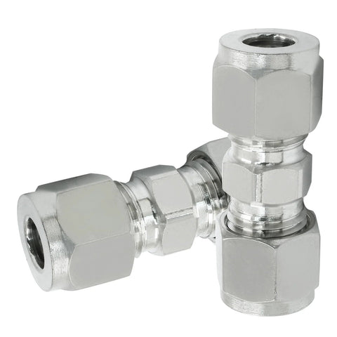 Two stainless steel 1/4 in compression fittings, side view, with double ferrules for 5/16 in tube OD, straight adapters.