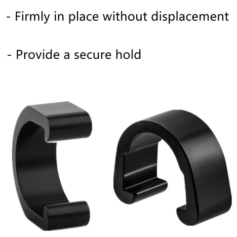 Close-up of black aluminum C-clips from 12 Pack Aluminum Alloy Bicycle Cable Clamps And C Clips For Housing And Hose Guides Brakes Derailleurs And Shifters Dope MTB And Road Bike Cable Management Durable Easy Install Secure Fit.