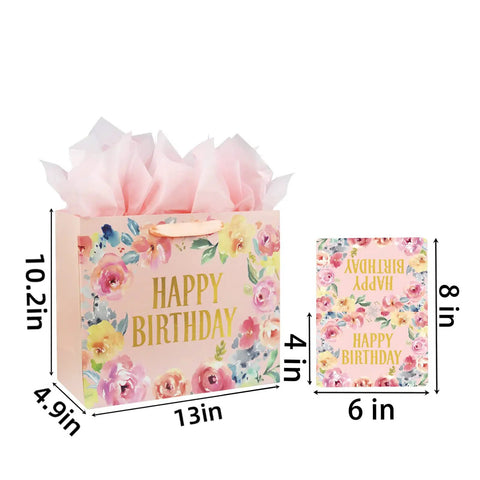 13-Inch Large Happy Birthday Gift Bag With Card And Tissue Papers Floral Design Handles Pink Perfect For Women Girls Birthday Party Gift Wrapping Ideal For Party Decor Gift Opening And Special Celebrations