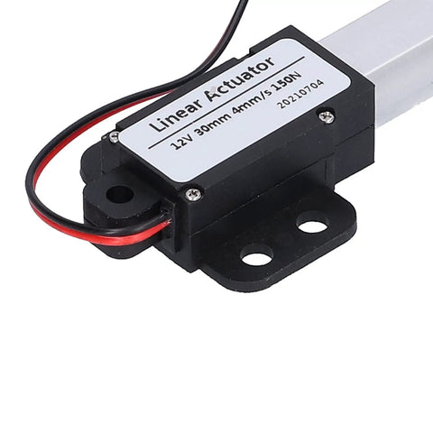Tiny Yet Mighty 12V Micro Linear Actuator with 30mm stroke, 4mm/s speed and 150N thrust, black casing, wiring detail visible.
