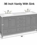 Rock Solid 96 Inch Bathroom Vanity With Double Sink And Pure White Quartz Countertop Featuring Fully Assembled Cabinets For A No Sweat Install And Moisture Resistant Design, showcasing dual sinks and gray cabinetry.